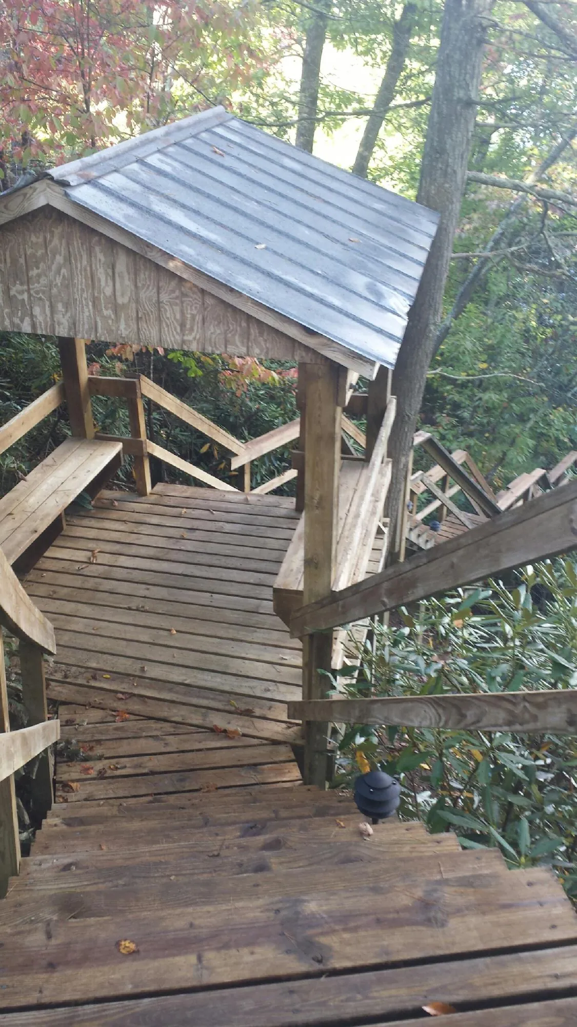 Metal roofed shelter over wooden steps on a wooded walkway — Skylight Repair & Installation work by our crew in Norco